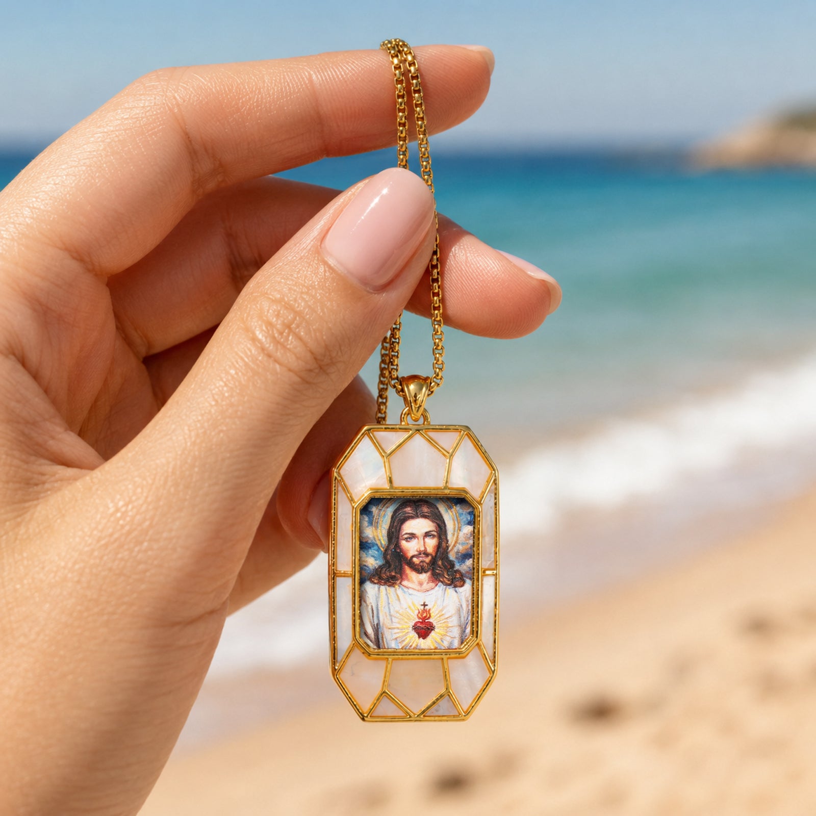 Sacred Heart Jesus Necklace, Christ Pendant, 18K Gold Plated Catholic Jewelry, Turquoise or Mother of Pearl Inlay, Hand Painted Medal