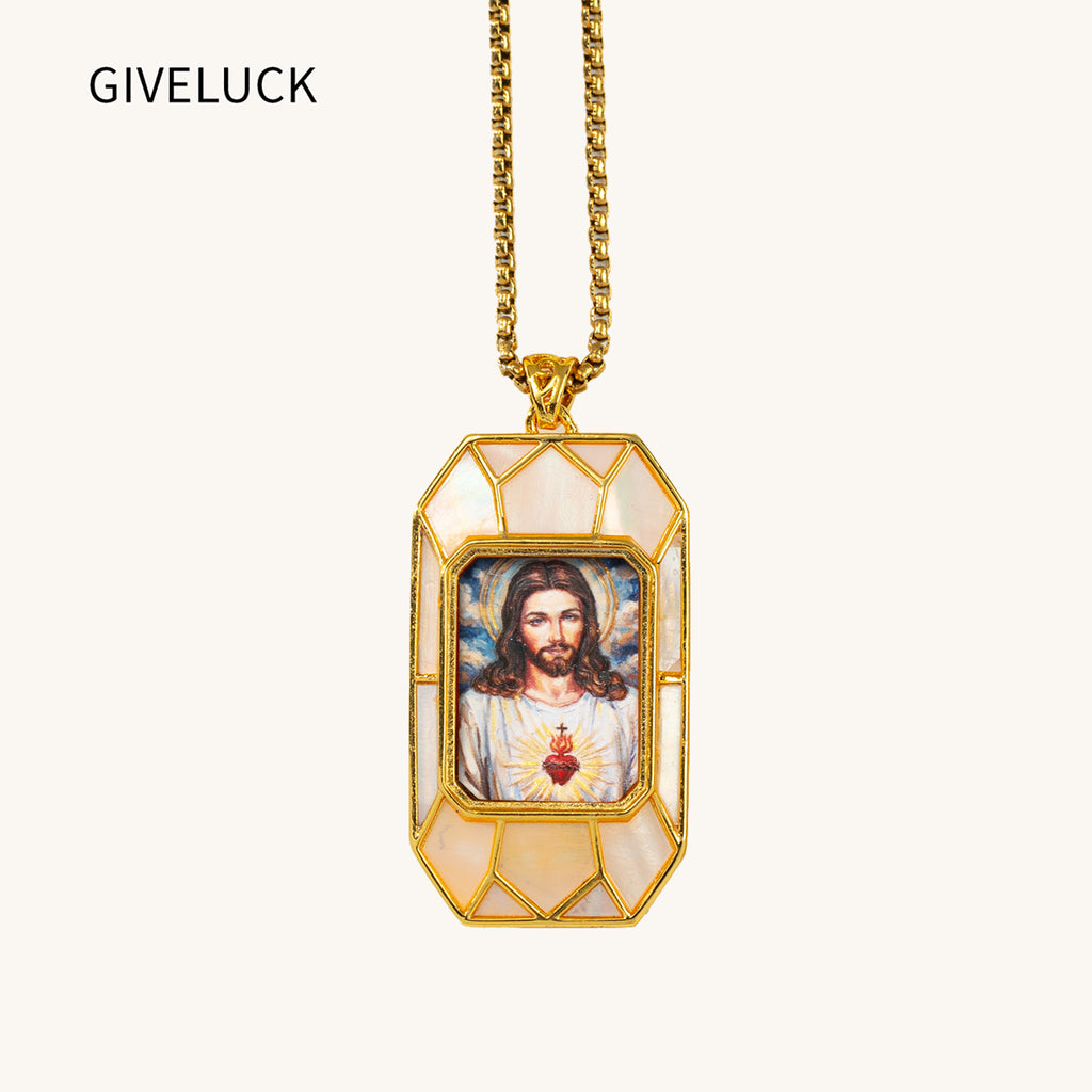 Sacred Heart Jesus Necklace, Christ Pendant, 18K Gold Plated Catholic Jewelry, Turquoise or Mother of Pearl Inlay, Hand Painted Medal