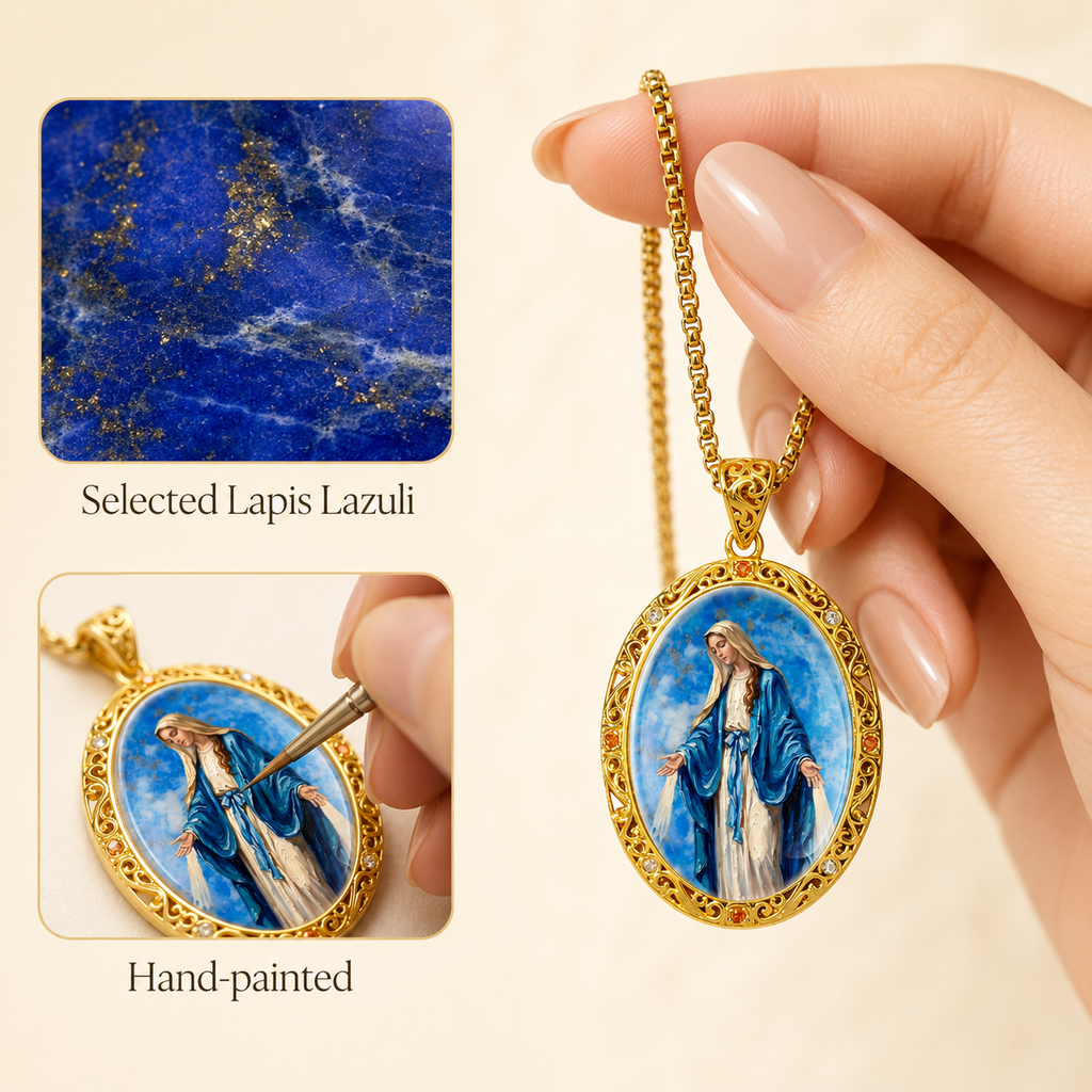 Miraculous Medal Necklace, Lapis Lazuli Pendant, 18K Gold Plated Catholic Jewelry (Round or Oval)