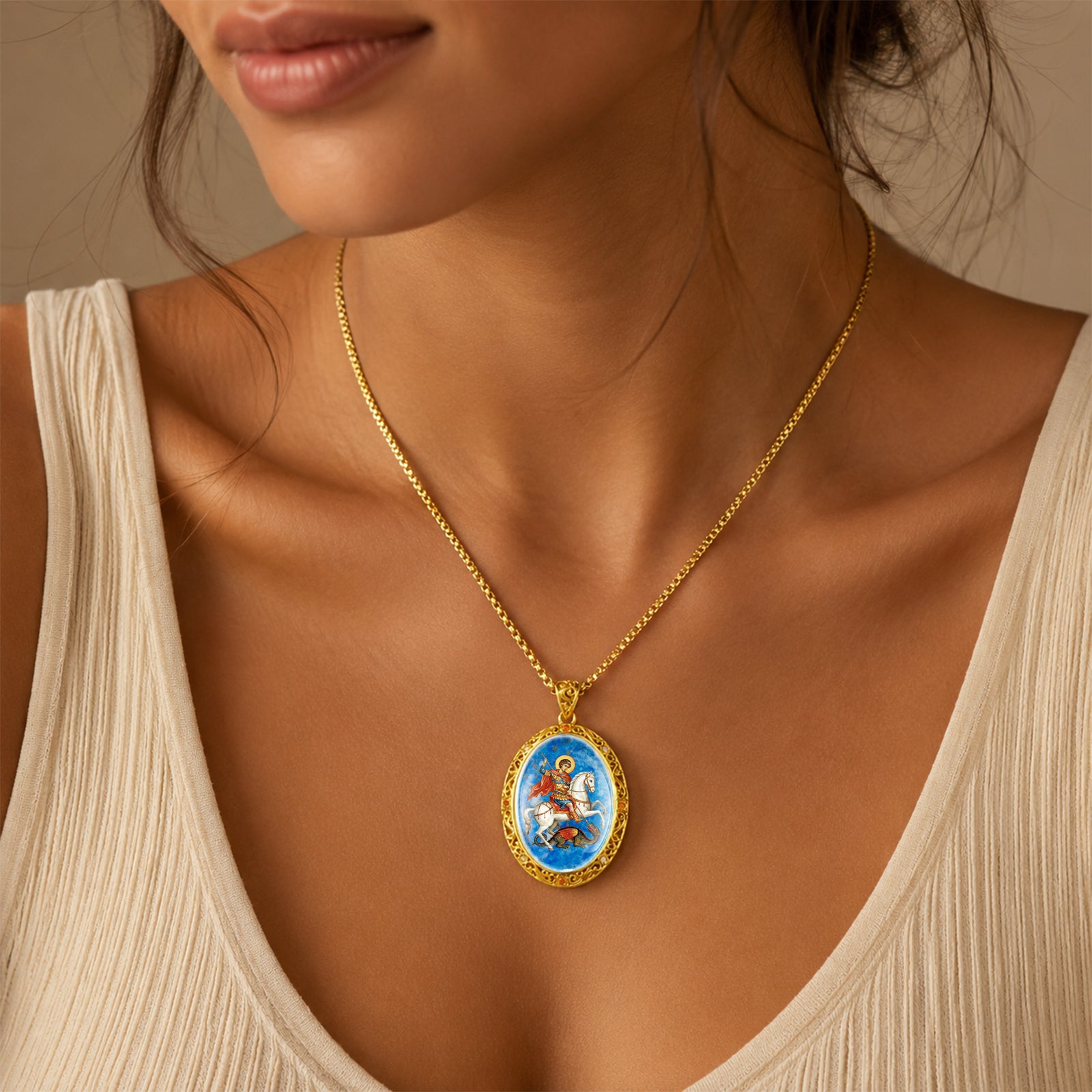 Saint George Medal Pendant, 18K Gold Plated Lapis Lazuli Catholic Jewelry
