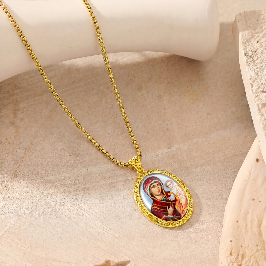 Hand-Painted Virgin Mary Icon Necklace, Mother of Pearl, Lapis Lazuli, Orthodox Christian Gift