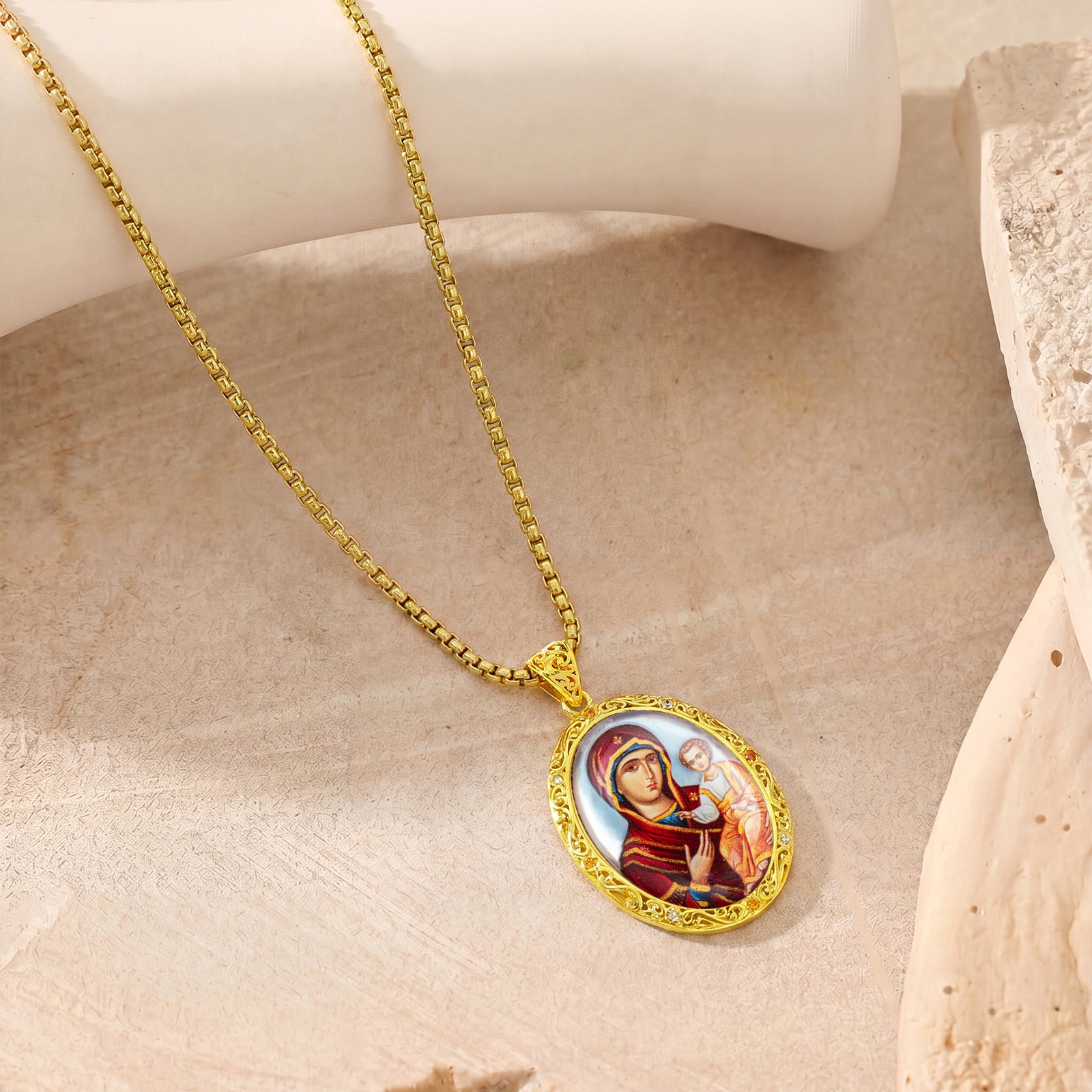 Hand-Painted Virgin Mary Icon Necklace, Mother of Pearl, Lapis Lazuli, Orthodox Christian Gift