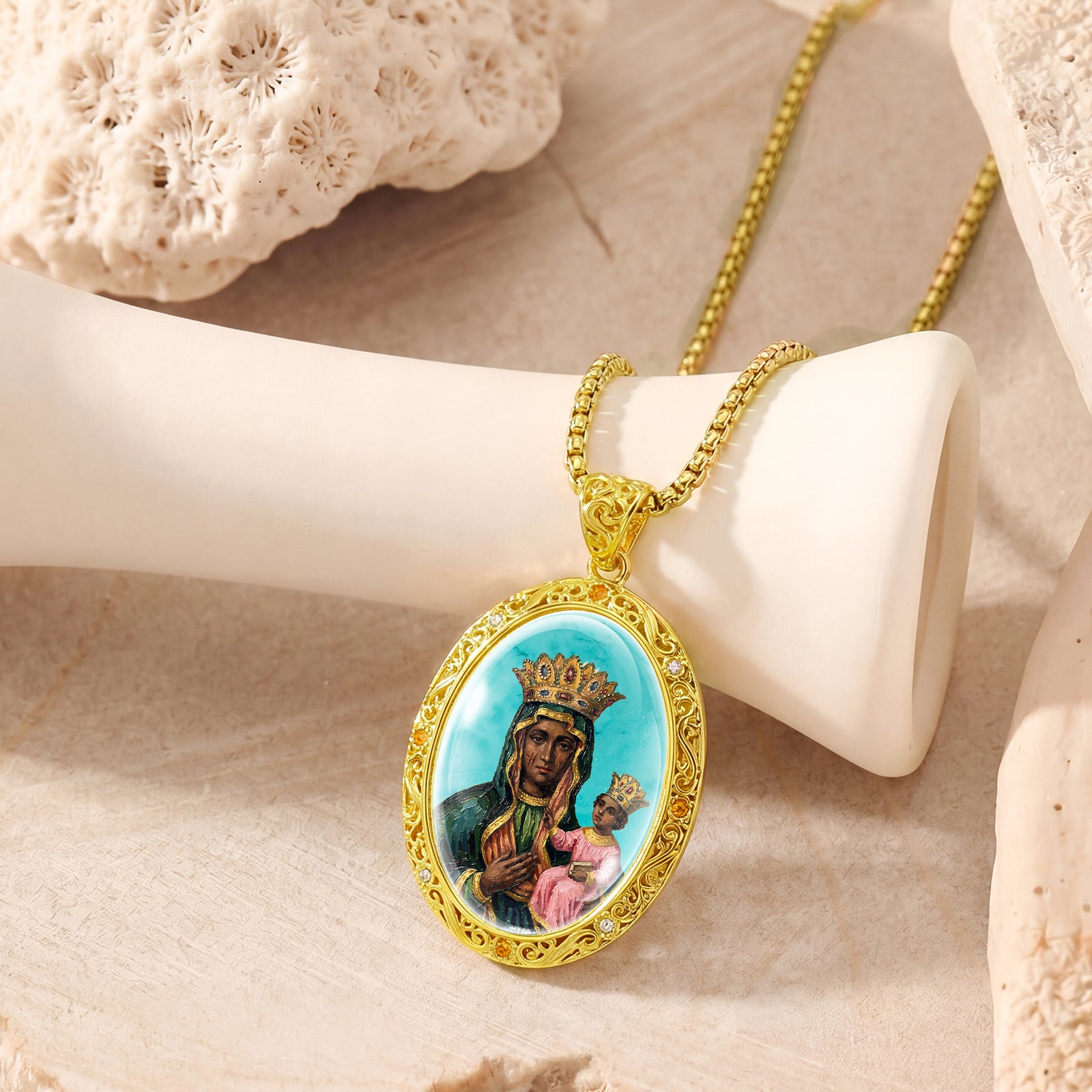 GIVELUCK Black Madonna Necklace for Men & Women, 18K Gold Plated Turquoise Black Madonna Pendant with Zircon, Catholic Protection Jewelry Gift