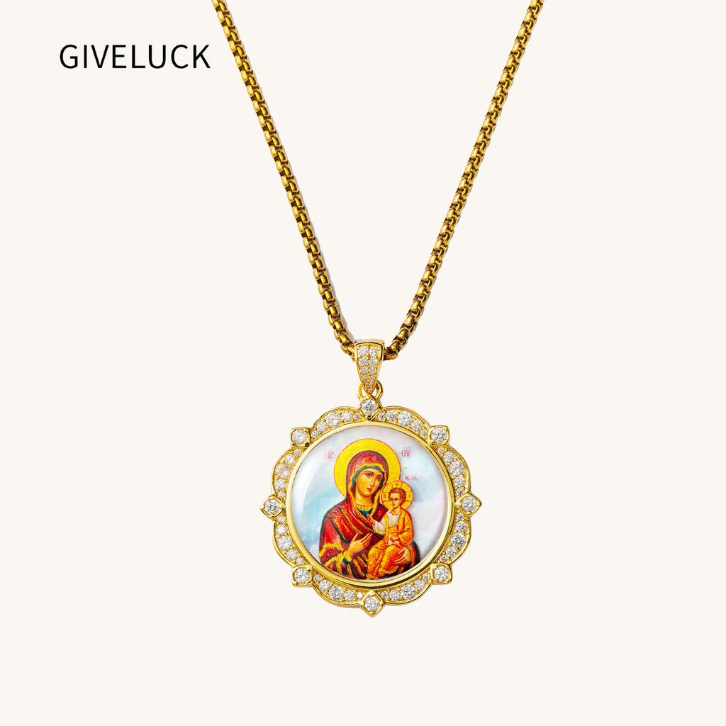 Theotokos of Kazan Mother of Pearl Oval Pendant Necklace, Orthodox Christian Icon Jewelry