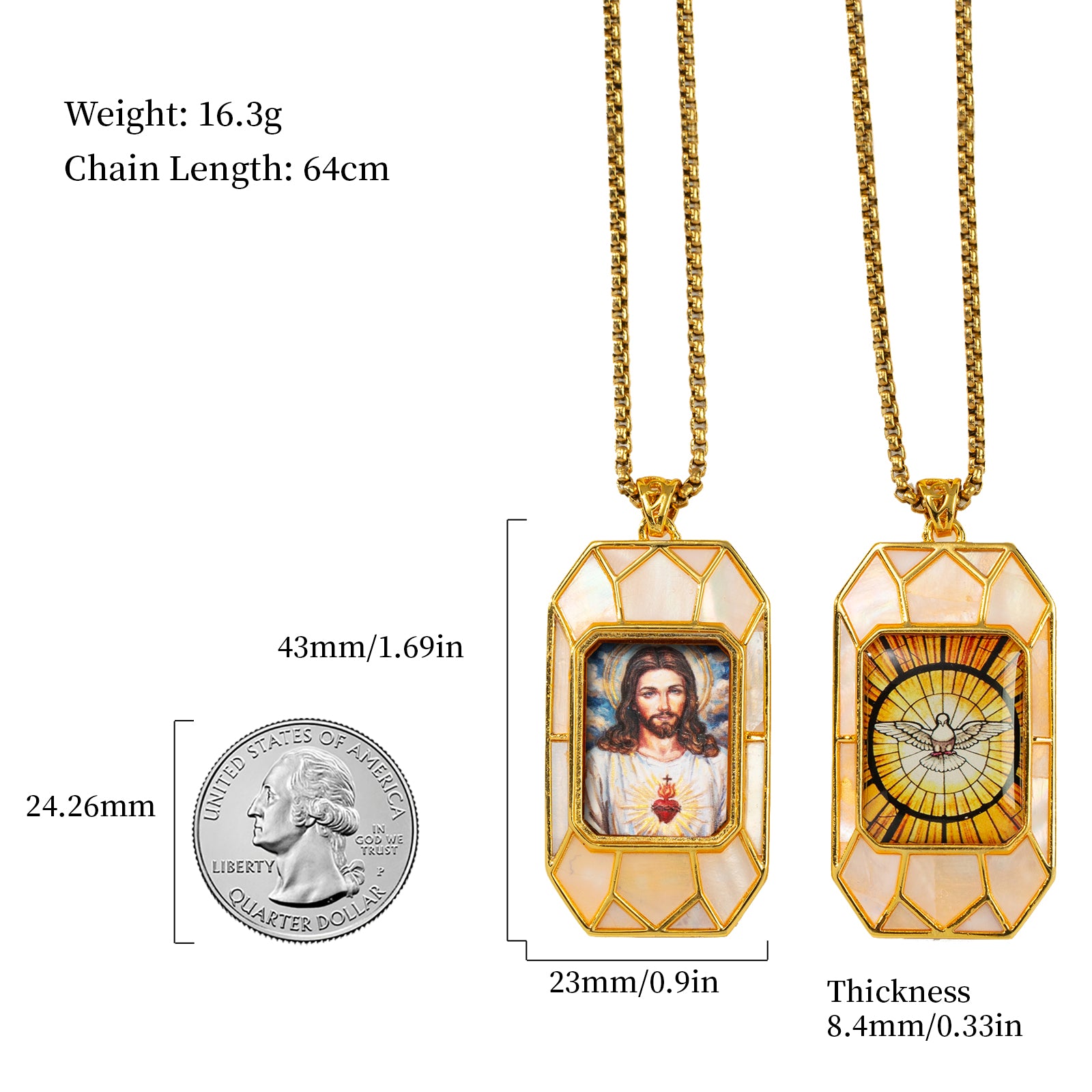 Sacred Heart Jesus Necklace, Christ Pendant, 18K Gold Plated Catholic Jewelry, Turquoise or Mother of Pearl Inlay, Hand Painted Medal