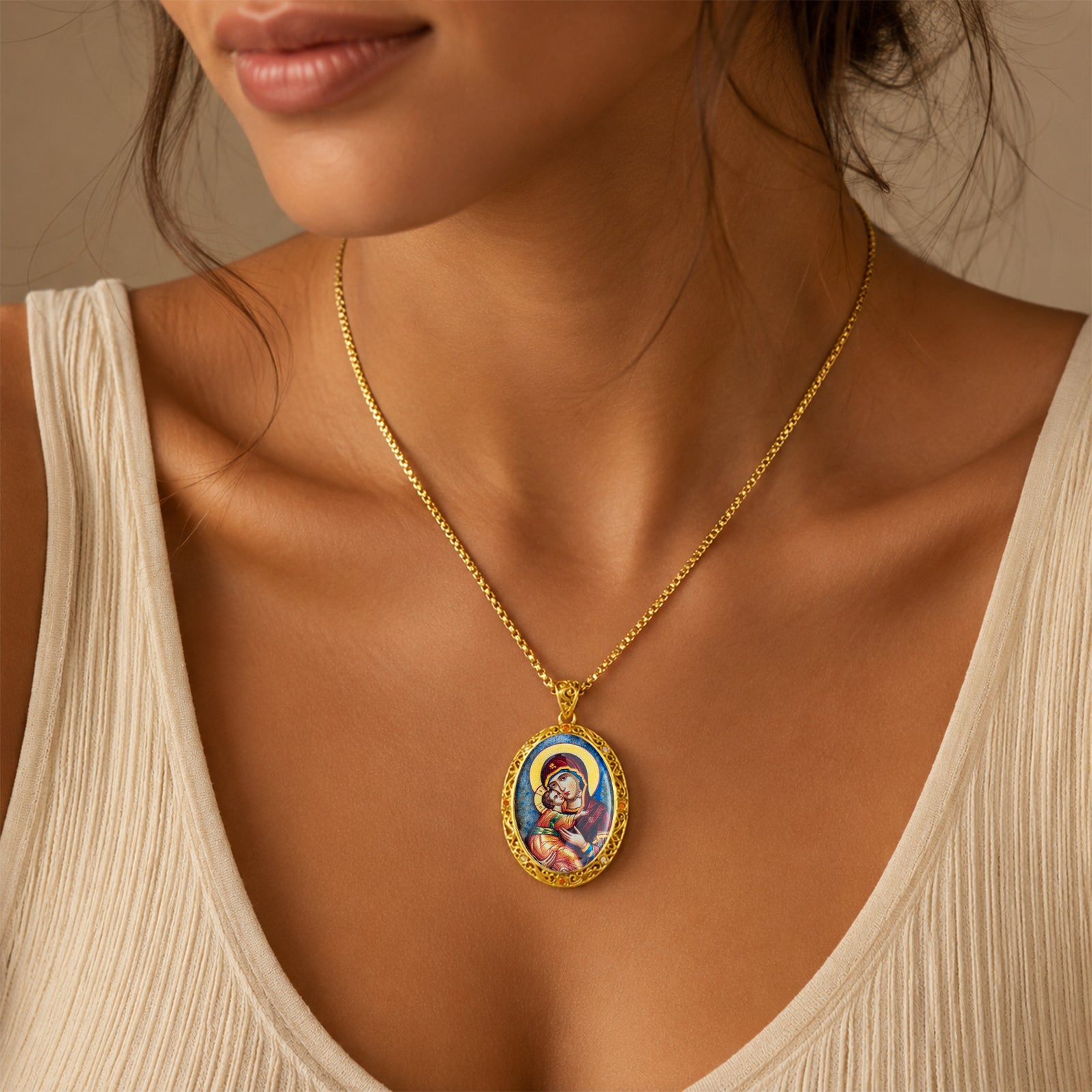 Hand-Painted Virgin Mary Icon Necklace, Mother of Pearl, Lapis Lazuli, Orthodox Christian Gift