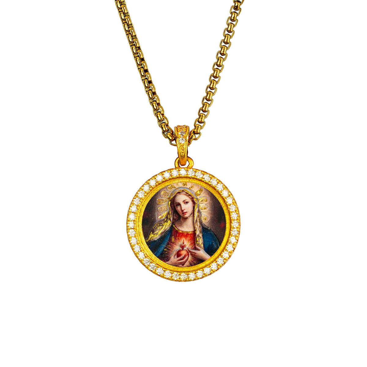 GIVELUCK 18k Plated Gold Catholic Zircon Pendant Necklace Cameo Embossing Mary-the-Blessed-Virgin Miraculous Medal