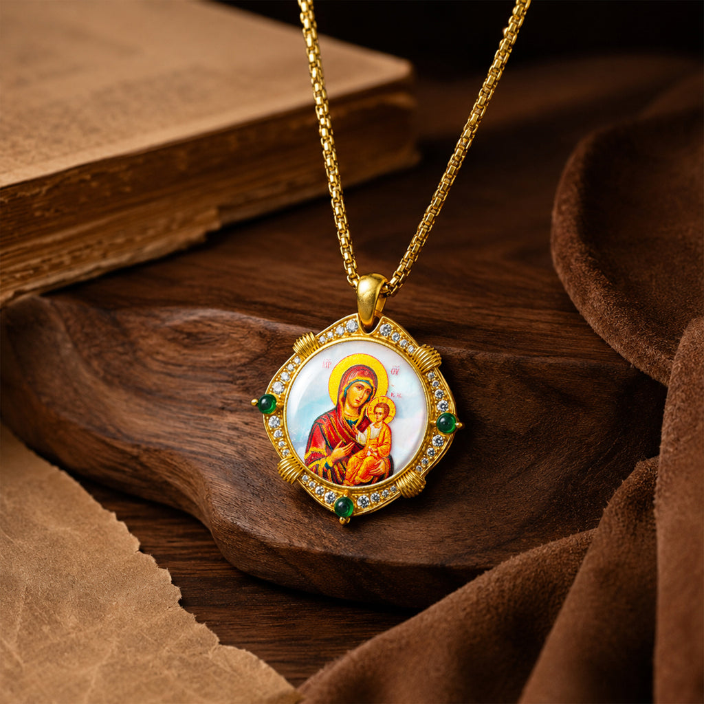 Theotokos of Kazan Mother of Pearl Oval Pendant Necklace, Orthodox Christian Icon Jewelry