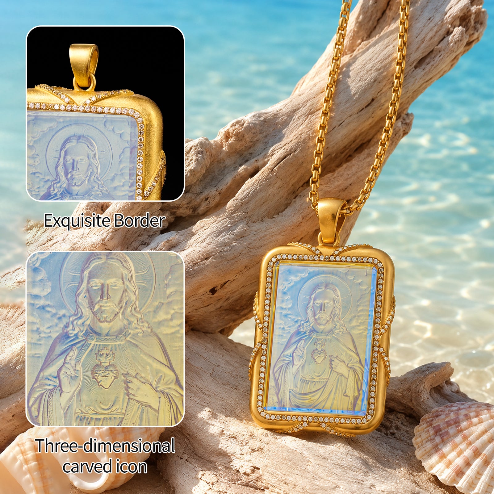 Sacred Heart Jesus Necklace, 18K Gold Plated Intaglio Carved Pendant, Catholic Religious Jewelry