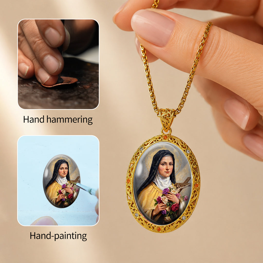 Saint Therese Little Flower Necklace, 18K Gold Plated Enamel Pendant, Zircon Accents