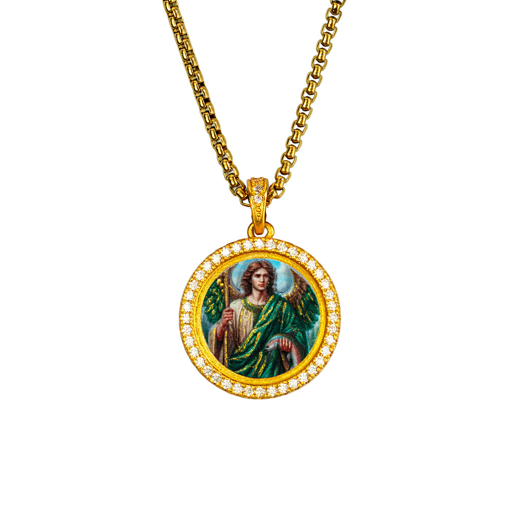 GIVELUCK 18k Plated Gold Zircon Pendant Necklace Cameo Embossing Catholic Medal Saint Raphael Protection Medal Necklace for Men and Women
