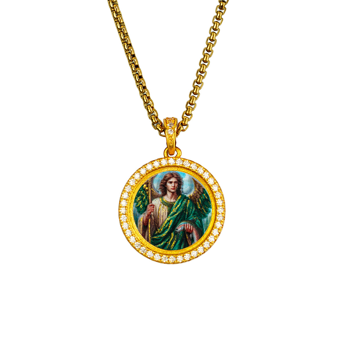 GIVELUCK 18k Plated Gold Zircon Pendant Necklace Cameo Embossing Catholic Medal Saint Raphael Protection Medal Necklace for Men and Women