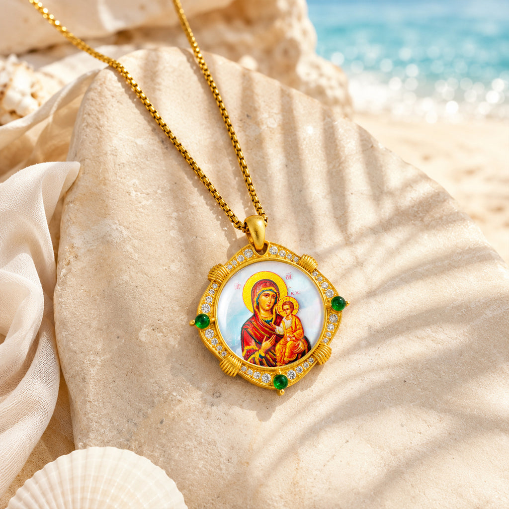 Theotokos of Kazan Mother of Pearl Oval Pendant Necklace, Orthodox Christian Icon Jewelry