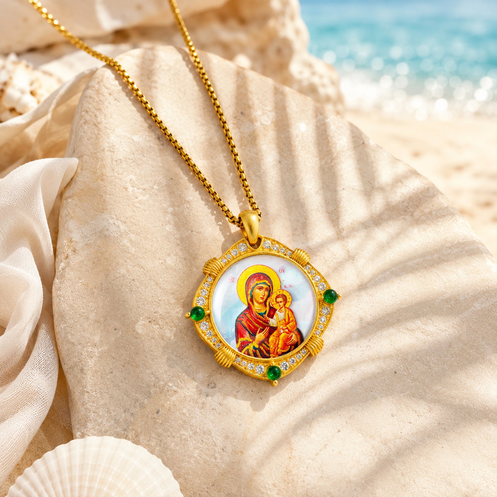 Theotokos of Kazan Mother of Pearl Oval Pendant Necklace, Orthodox Christian Icon Jewelry