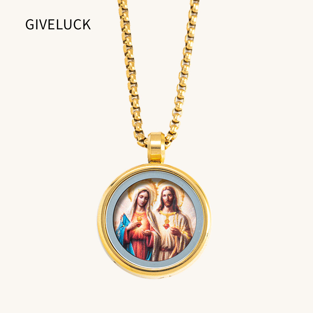 GIVELUCK 18k Plated Gold Stainless Steel Catholic Madonna-and-Jesus Devotional Medal Cameo Embossing Pendant Necklace for Women and Men