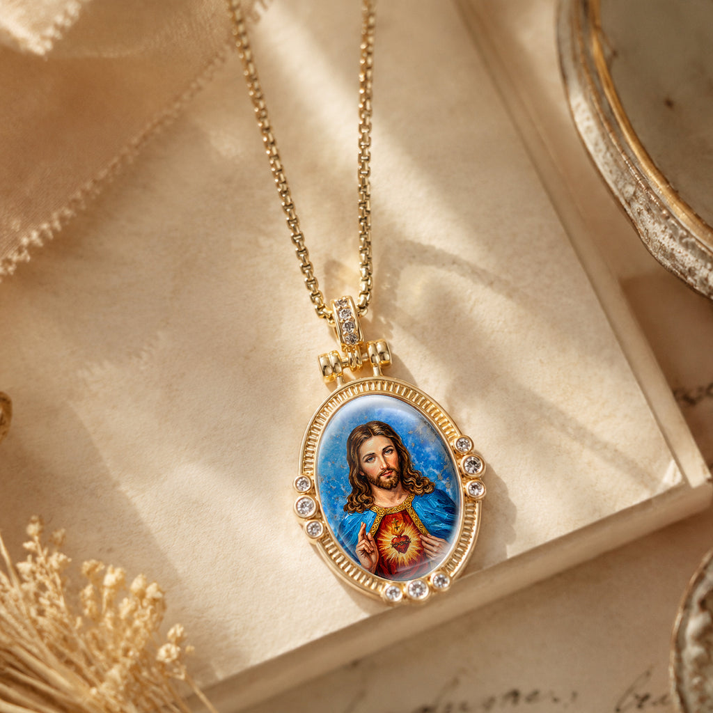GIVELUCK Jesus Holy Heart Necklace for Men & Women, 18K Gold Plated Lapis Lazuli Jesus Holy Heart Pendant with Zircon, Catholic Protection Jewelry Gift
