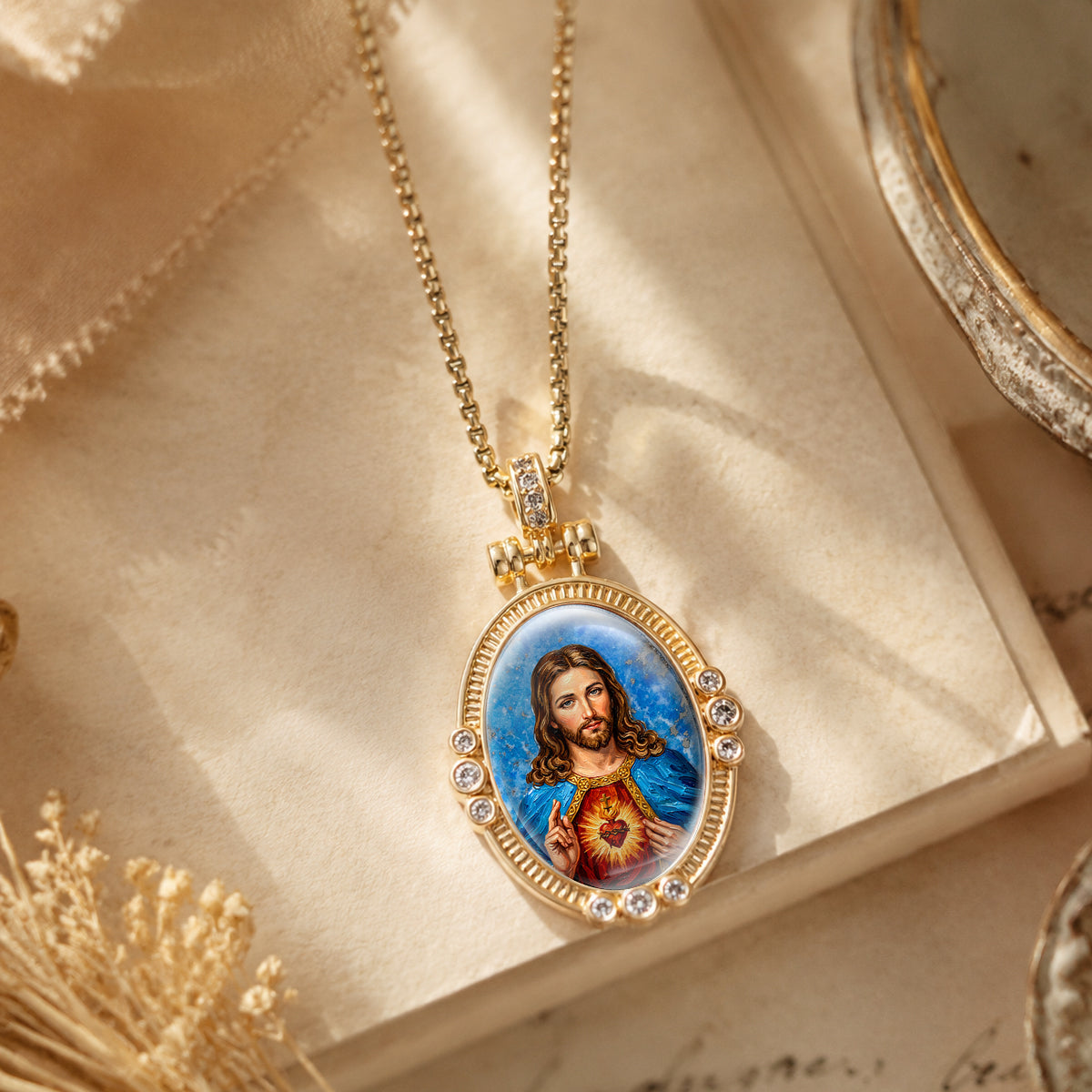 GIVELUCK Jesus Holy Heart Necklace for Men & Women, 18K Gold Plated Lapis Lazuli Jesus Holy Heart Pendant with Zircon, Catholic Protection Jewelry Gift