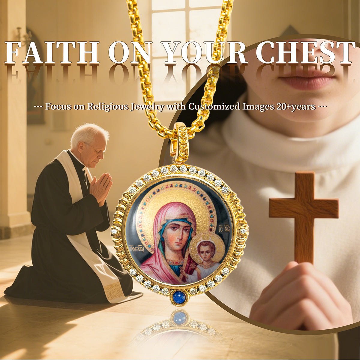 18k Plated Gold Pendant Necklace Enamel Catholic Our Lady of Kazan Virgin Mary Miraculous Medal for Women and Men