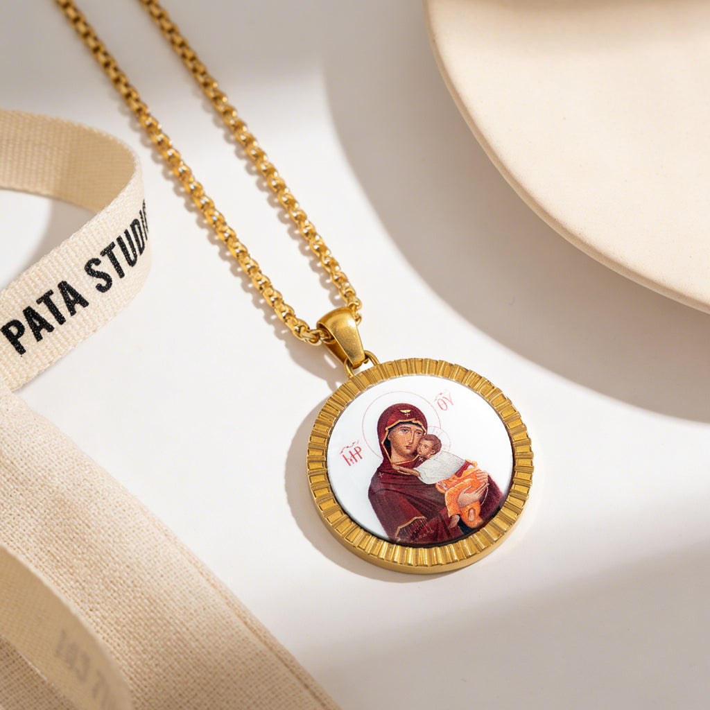 GIVELUCK 18k Plated Gold Pendant Necklace Enamel Our Lady of Vladimir Virgin Mary Miraculous Medal for Women and Men