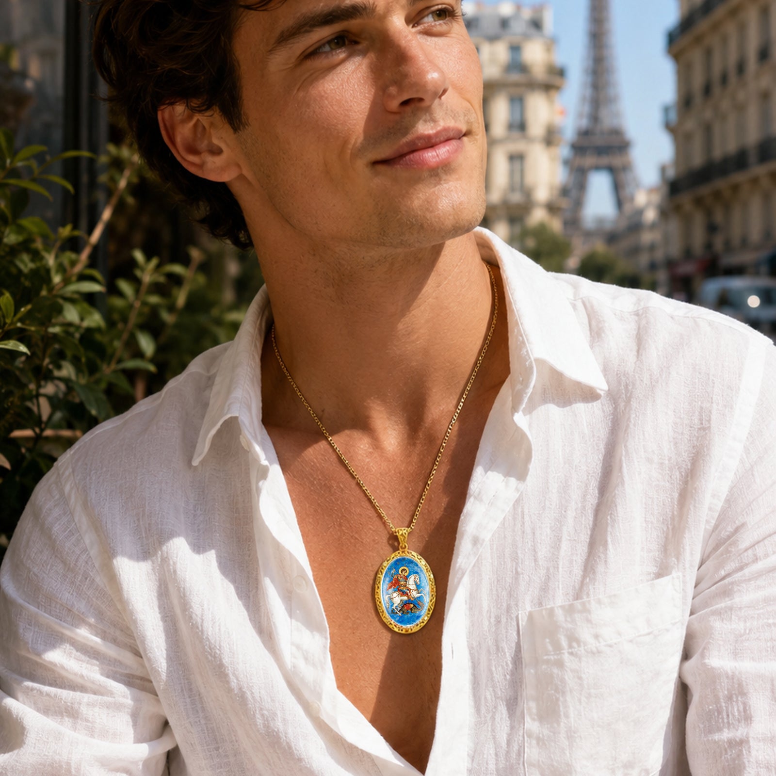 Saint George Medal Pendant, 18K Gold Plated Lapis Lazuli Catholic Jewelry