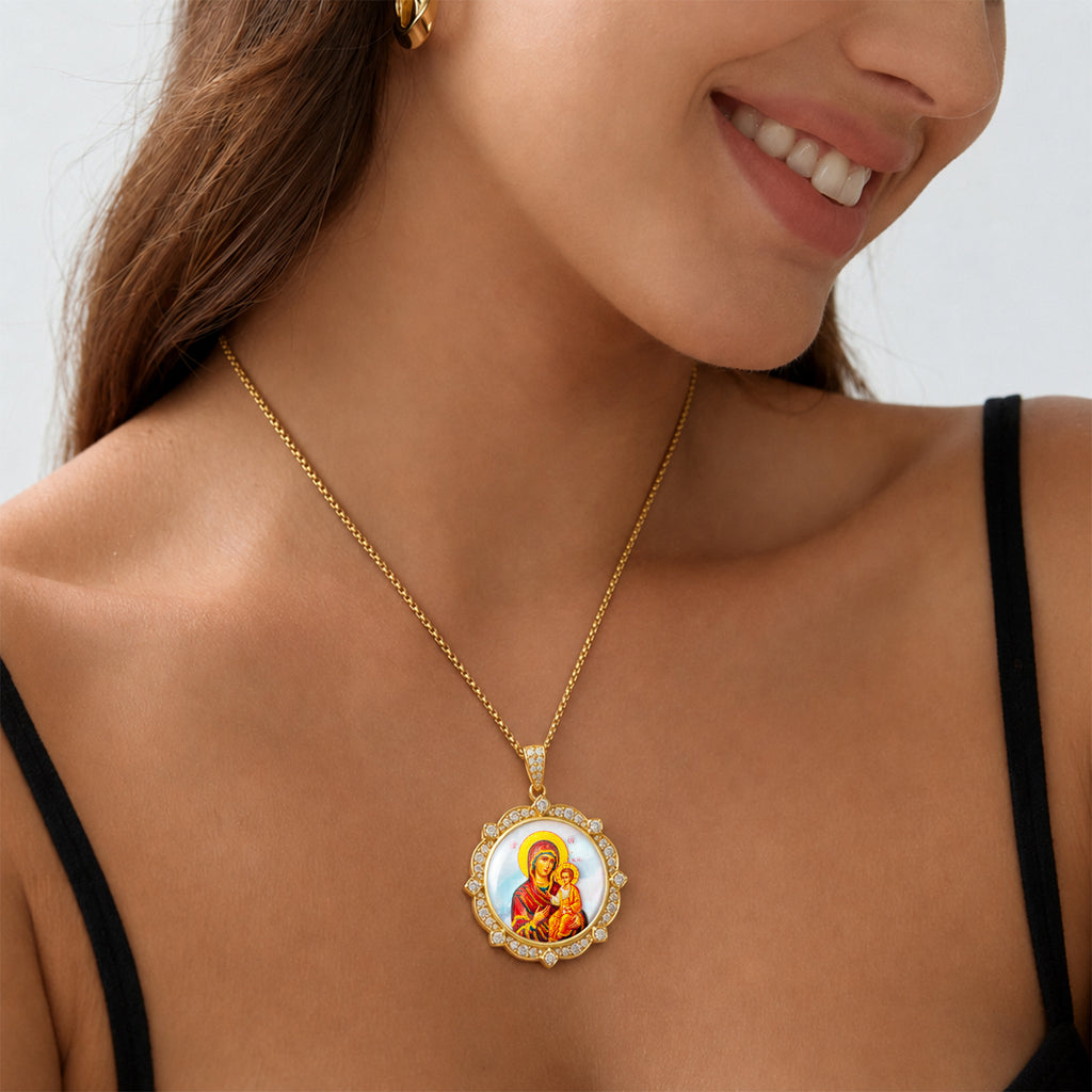 Theotokos of Kazan Mother of Pearl Oval Pendant Necklace, Orthodox Christian Icon Jewelry