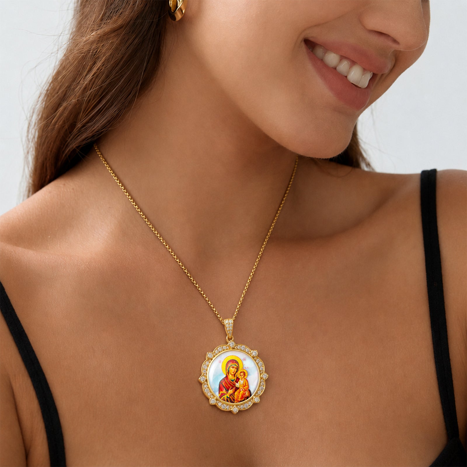 Theotokos of Kazan Mother of Pearl Oval Pendant Necklace, Orthodox Christian Icon Jewelry