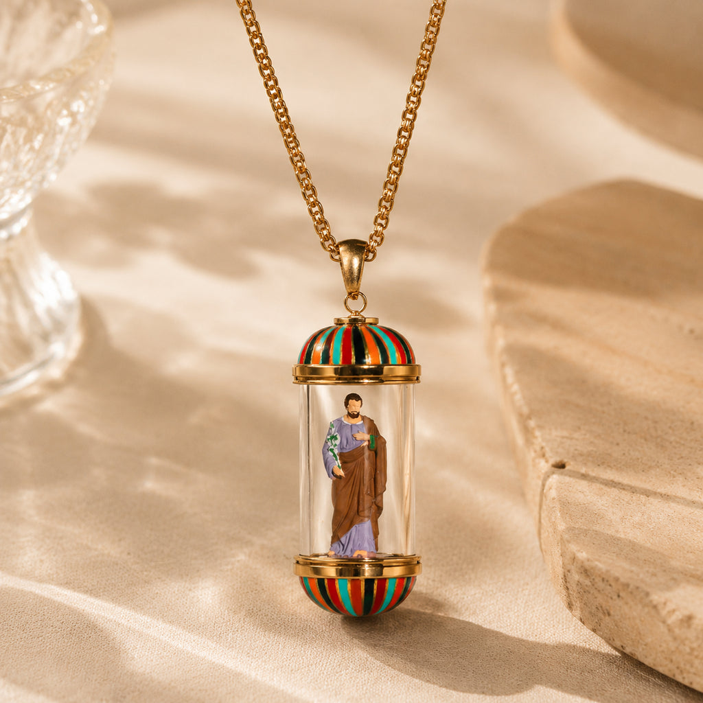 18K Gold Plated Saint Joseph Miniature Necklace, Devotional Medal, Shimmering rainbow finish, Hand‑Painted Sacred Art Faith Jewelry for Men and Women