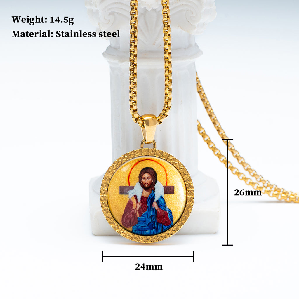 GIVELUCK 18k Plated Gold Pendant Necklace Enamel the Good Shepherd Divine Light Jesus Christ Devotional Medal for Men and Women