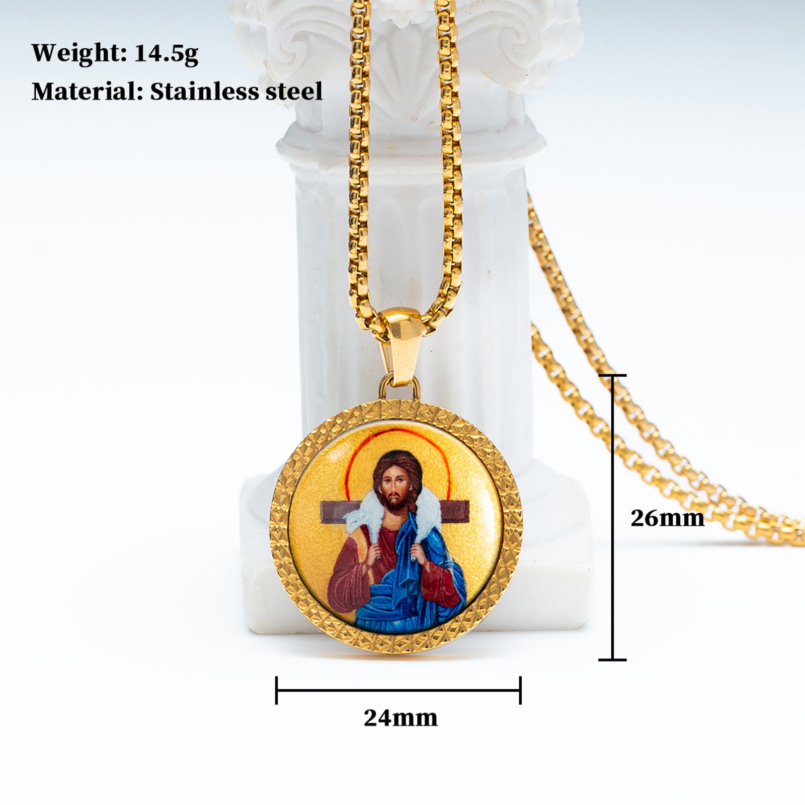 GIVELUCK 18k Plated Gold Pendant Necklace Enamel the Good Shepherd Divine Light Jesus Christ Devotional Medal for Men and Women