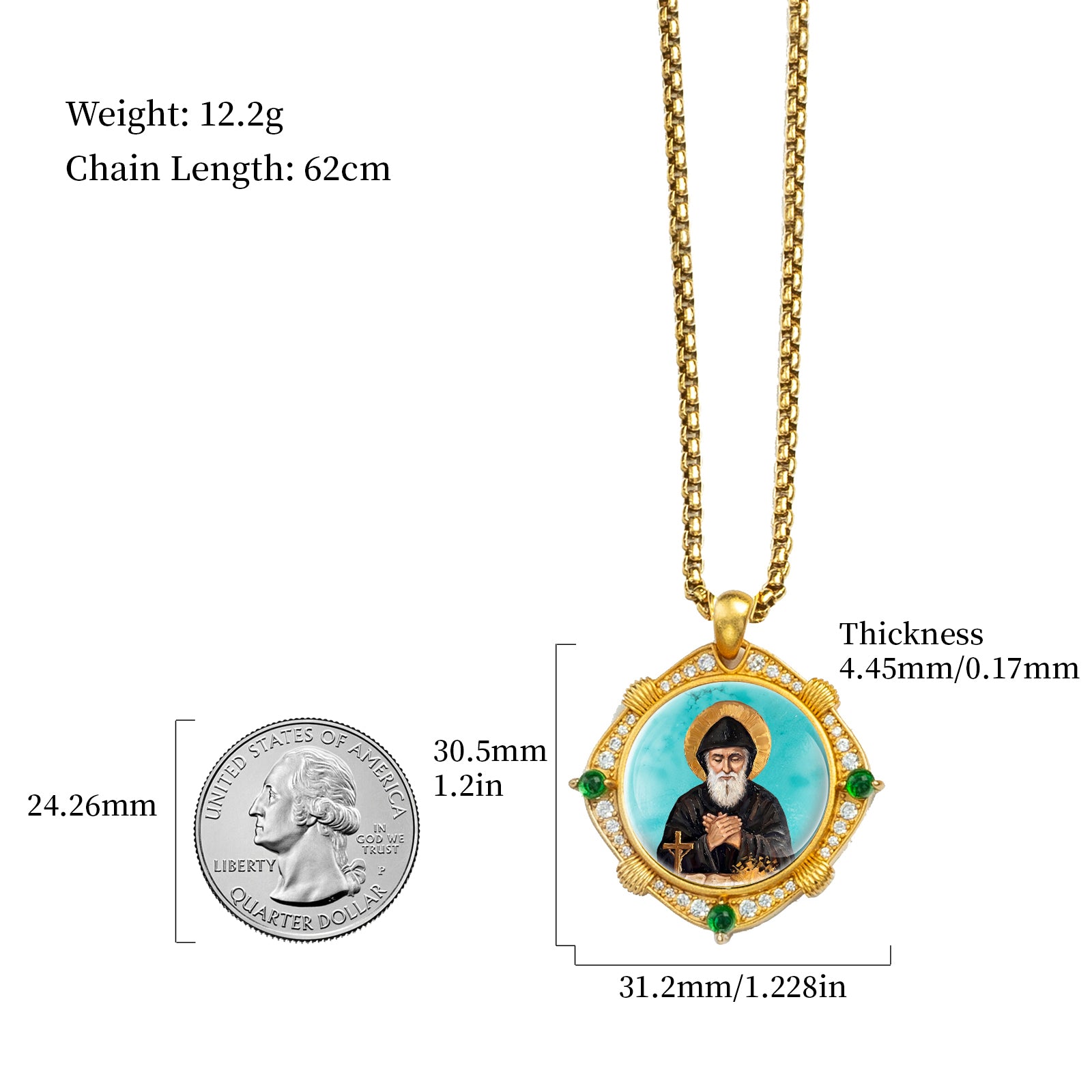 GIVELUCK St. Charbel Necklace for Men & Women, 18K Gold Plated Turquoise St. Charbel Pendant with Zircon, Catholic Protection Jewelry Gift