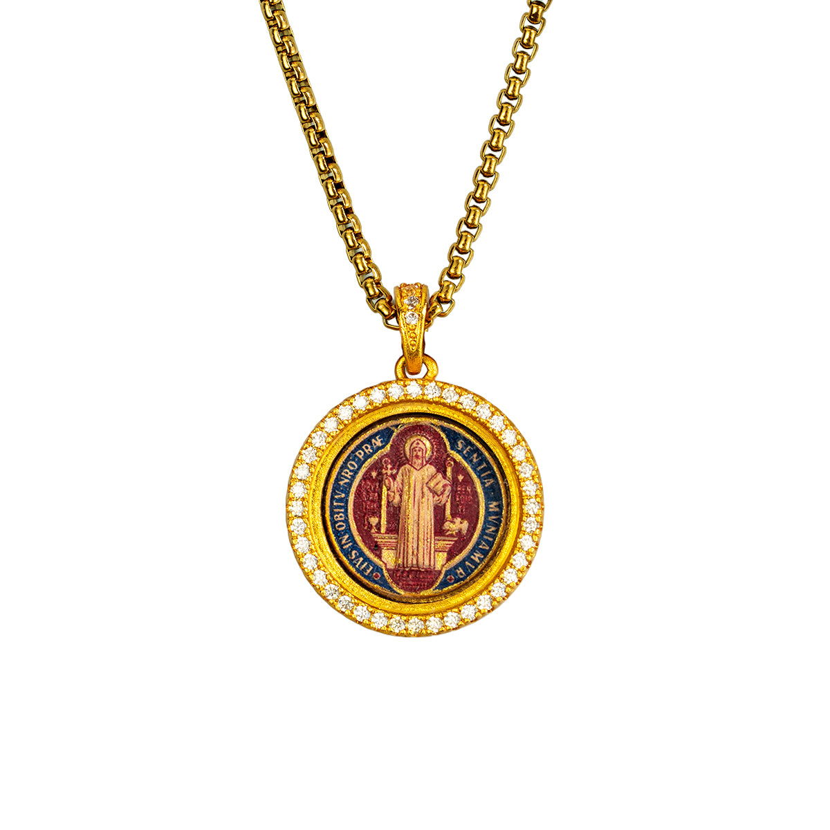 GIVELUCK 18k Plated Gold Zircon Pendant Catholic St. Benedict Devotional Medal Cameo Embossing Pendant Necklace