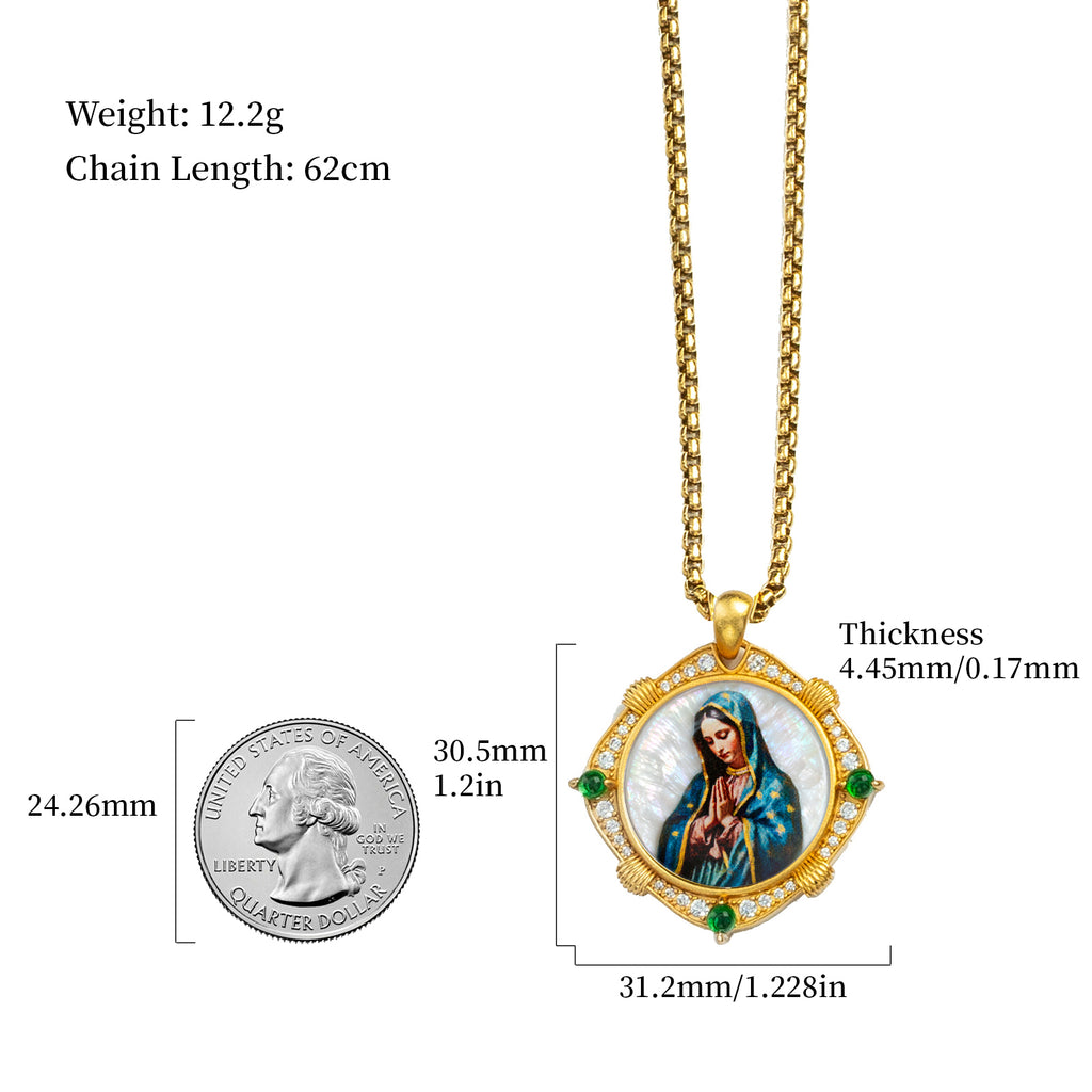 GIVELUCK Our Lady of Guadalupe Virgin Mary Miraculous Medal Necklace for Men & Women, 18K Gold Plated Mother of Pearl Saint Christopher Pendant with Zircon, Catholic Protection Jewelry Gift