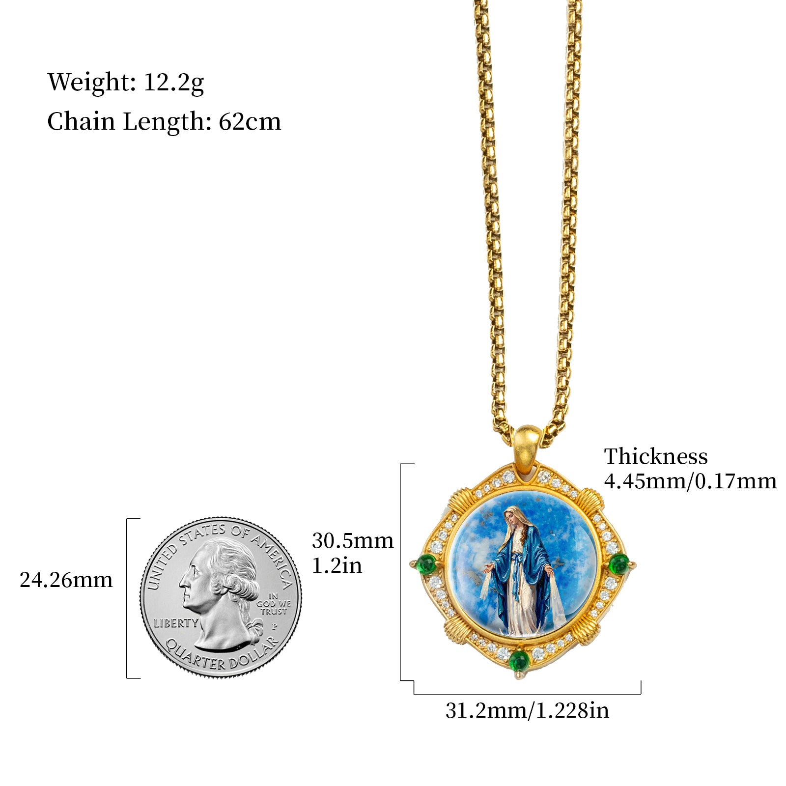 Miraculous Medal Necklace, Lapis Lazuli Pendant, 18K Gold Plated Catholic Jewelry (Round or Oval)