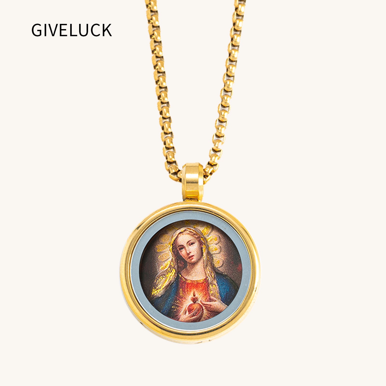 GIVELUCK 18k Plated Gold Catholic Pendant Necklace Cameo Embossing Mary-the-Blessed-Virgin Miraculous Medal