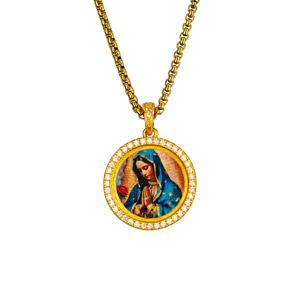 GIVELUCK 18k Plated Gold Zircon Pendant Catholic Our Lady of Guadalupe Devotional Medal Cameo Embossing Pendant Necklace for Women and Men