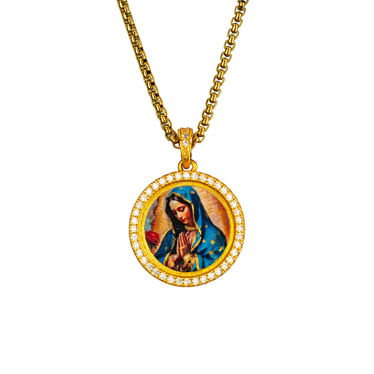 GIVELUCK 18k Plated Gold Zircon Pendant Catholic Our Lady of Guadalupe Devotional Medal Cameo Embossing Pendant Necklace for Women and Men