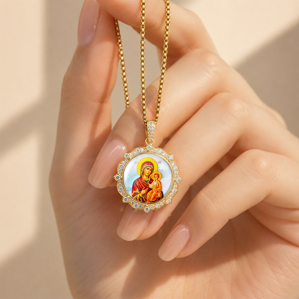 Theotokos of Kazan Mother of Pearl Oval Pendant Necklace, Orthodox Christian Icon Jewelry