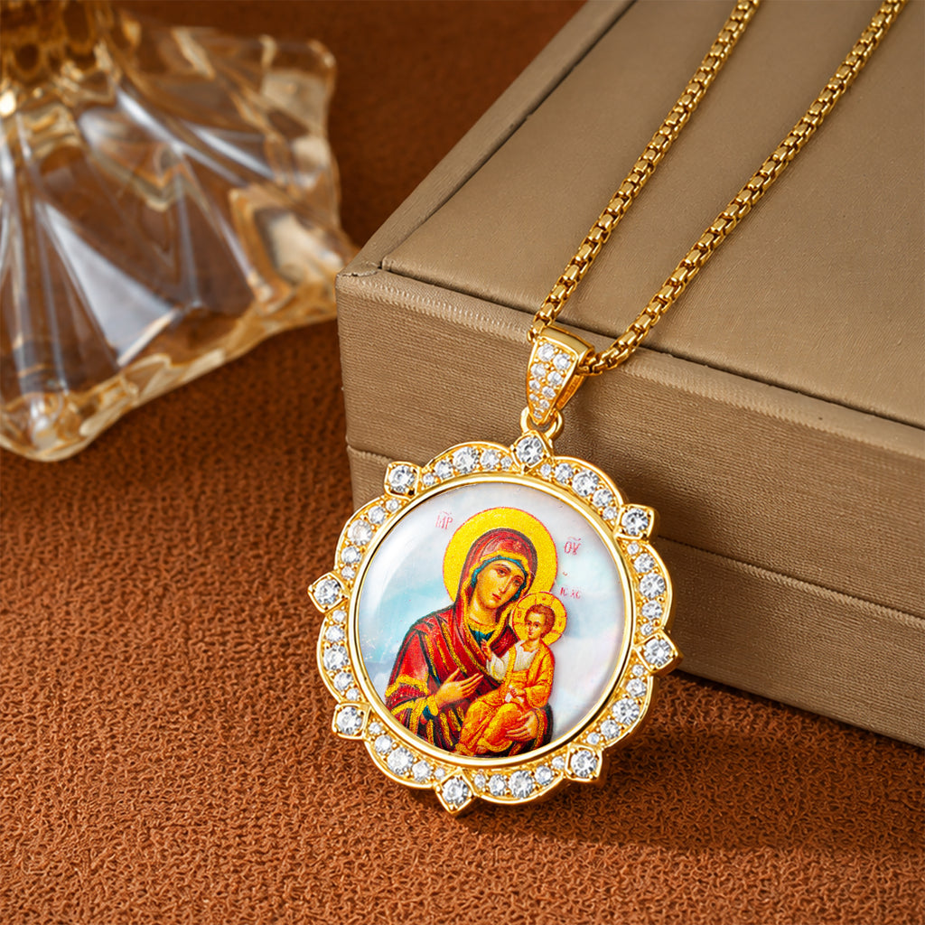 Theotokos of Kazan Mother of Pearl Oval Pendant Necklace, Orthodox Christian Icon Jewelry