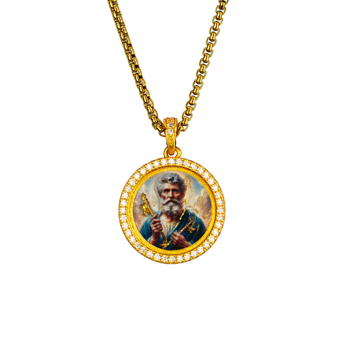 GIVELUCK 18k Plated Gold Zircon Pendant Necklace Cameo Embossing Catholic Medal Saint Peter Devotional Medal Protection Medal