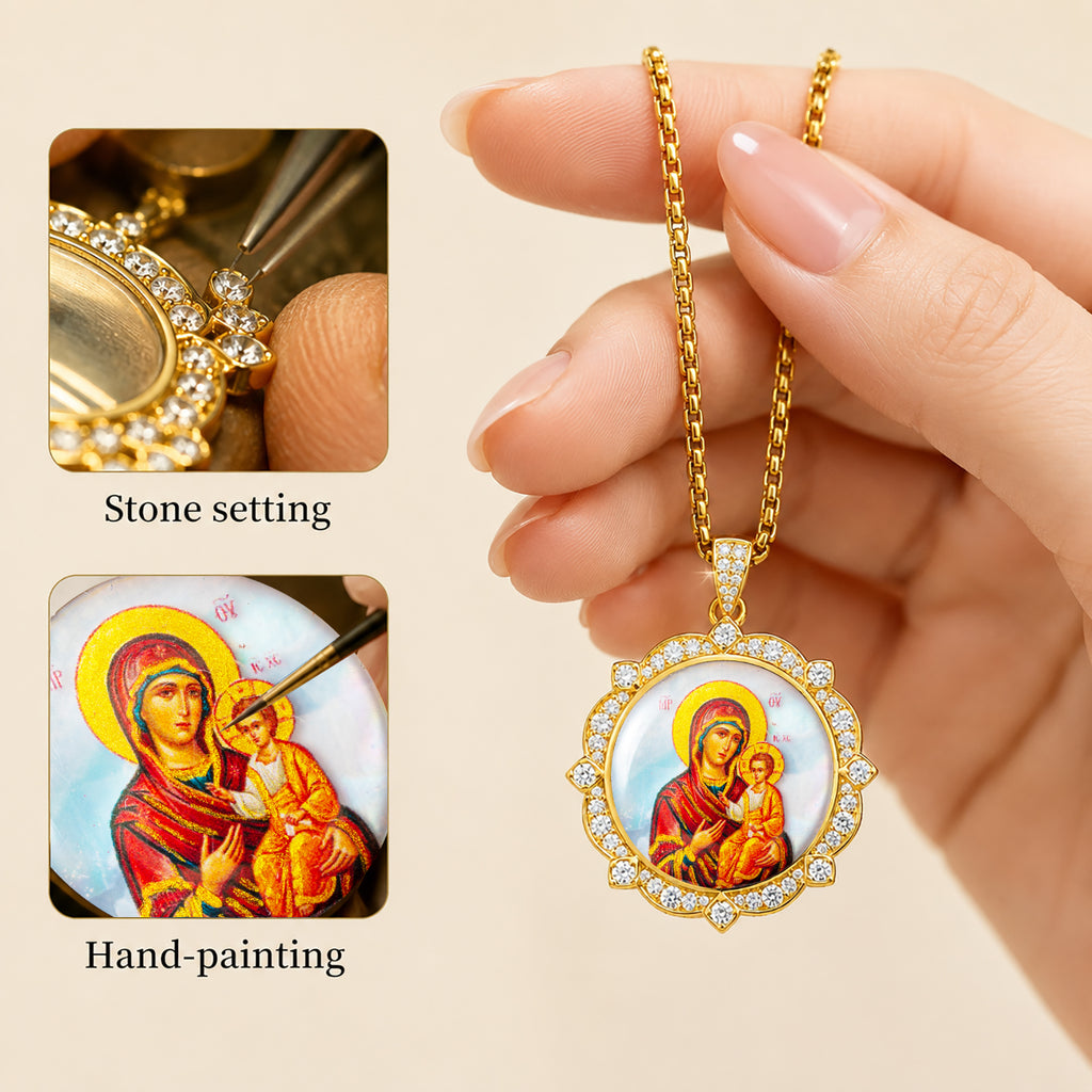 Theotokos of Kazan Mother of Pearl Oval Pendant Necklace, Orthodox Christian Icon Jewelry