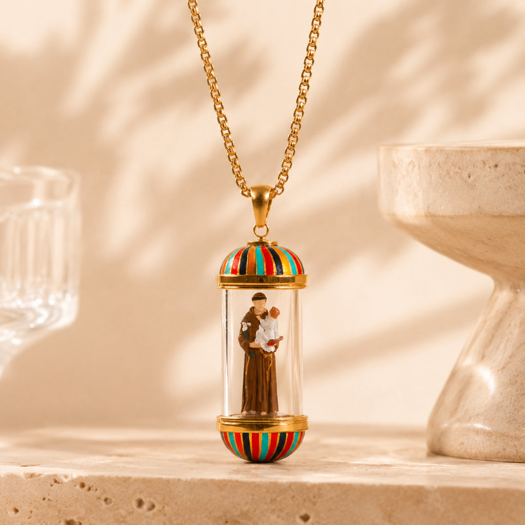 18K Gold Plated Saint Anthony Miniature Necklace, Saint Anthony Devotional Medal,  Hand‑Painted Sacred Art Faith Jewelry for Men and Women