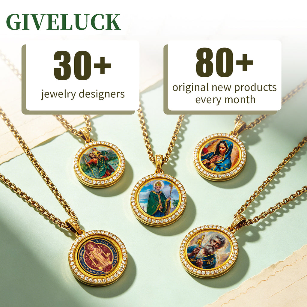 GIVELUCK 18k Plated Gold Zircon Pendant Necklace Cameo Embossing Saint Patrick Devotional Medal for Men and Women