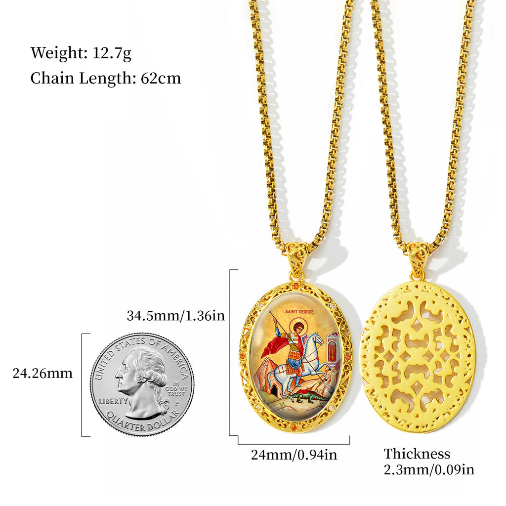 Saint George Medal Necklace, 18K Gold Plated Enamel Pendant, Catholic Christian Jewelry