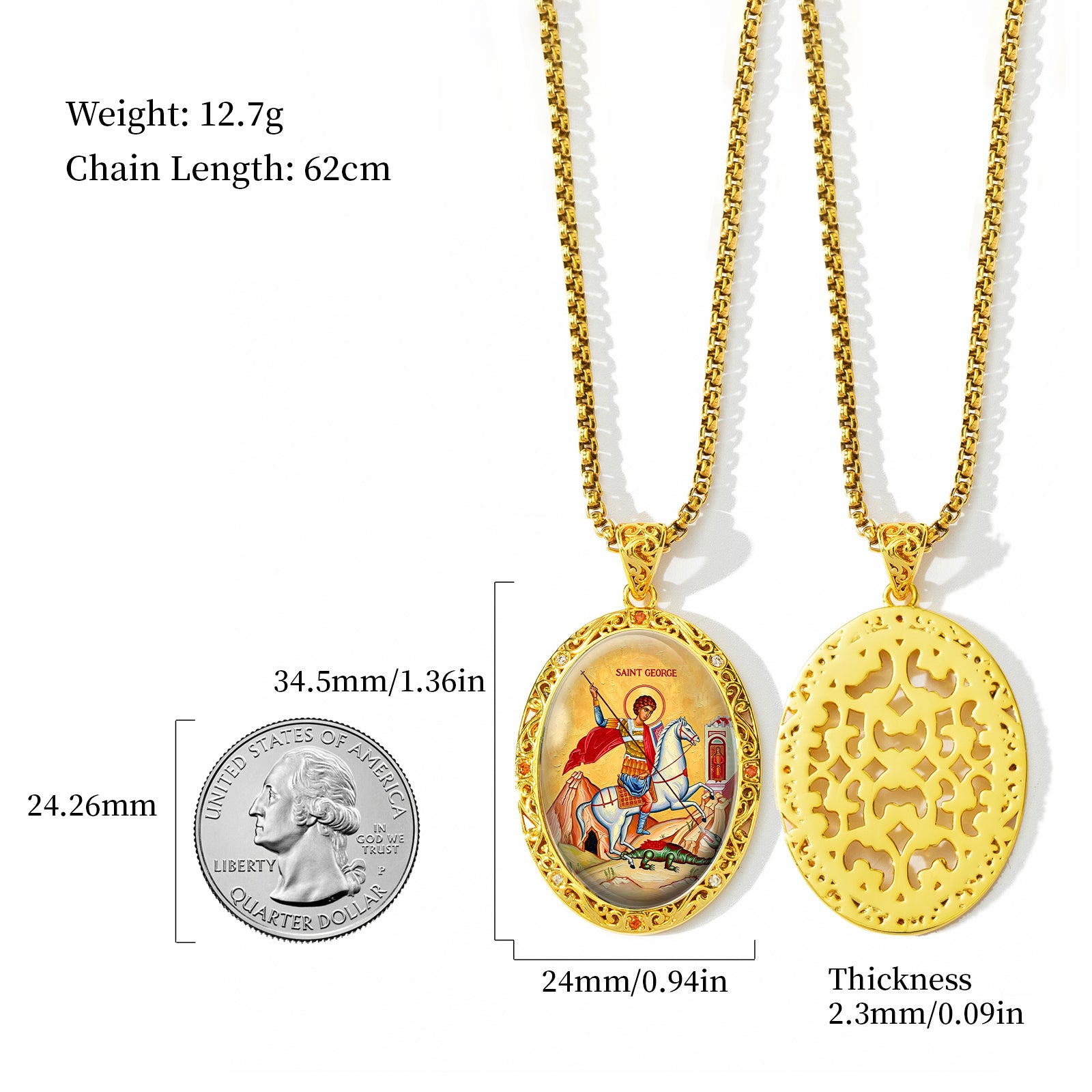 Saint George Medal Necklace, 18K Gold Plated Enamel Pendant, Catholic Christian Jewelry