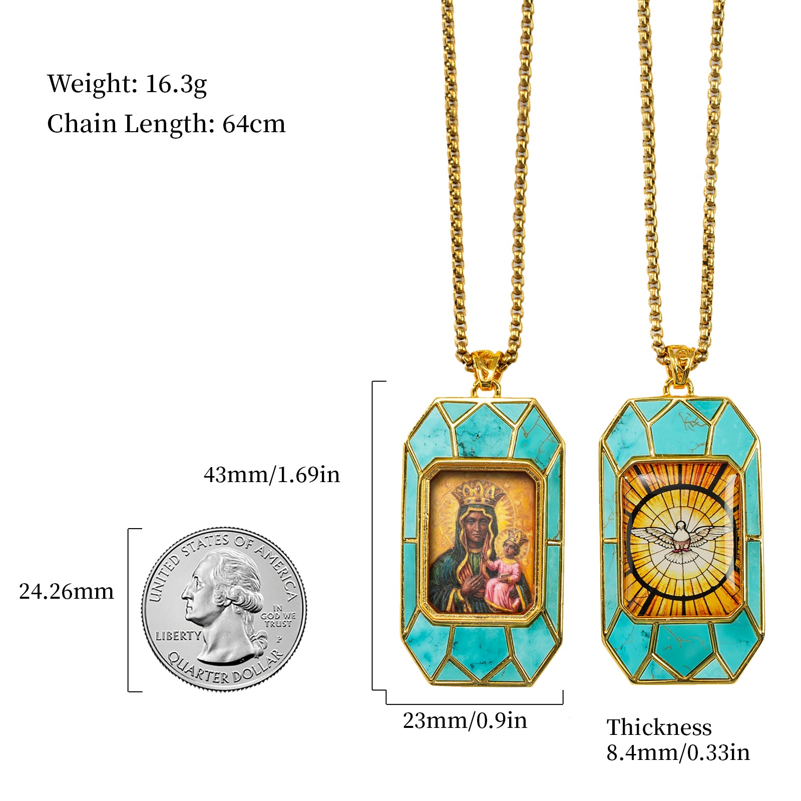 Black Madonna Necklace, Hand-Painted Virgin Mary Pendant, 18K Gold Plated, Turquoise Inlay