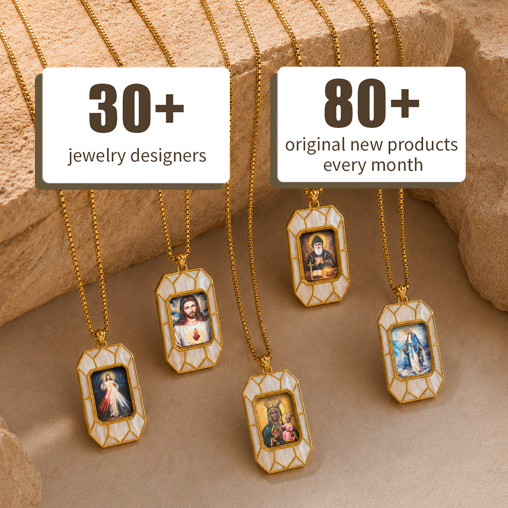 Black Madonna Necklace, Hand-Painted Virgin Mary Pendant, 18K Gold Plated, Turquoise Inlay