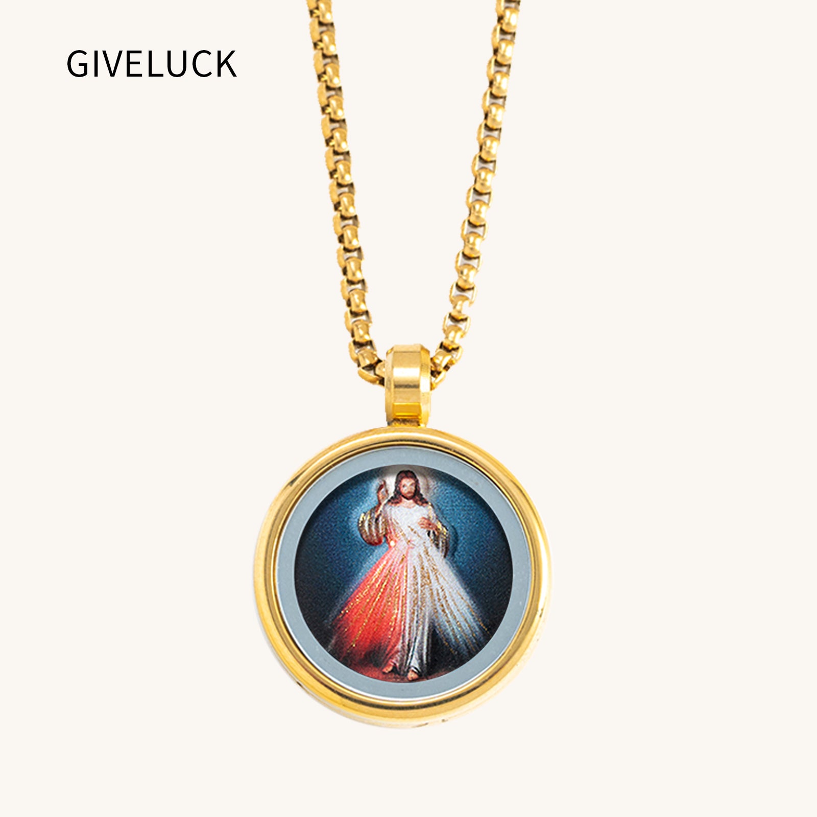 GIVELUCK 18k Plated Gold Divine-Mercy Devotional Medal Catholic Pendant Necklace with Cameo Embossing