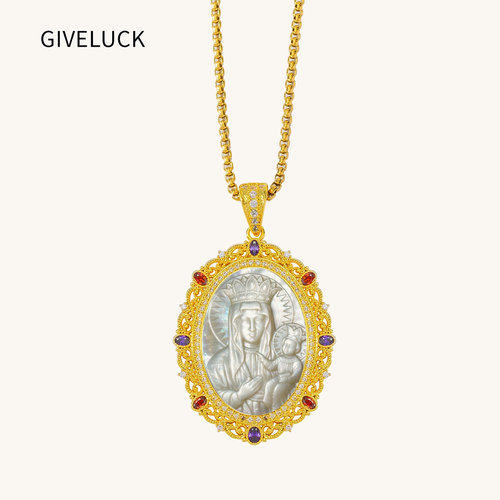 Black Madonna Mother of Pearl Cameo Pendant, 18K Gold Plated Virgin Mary Necklace