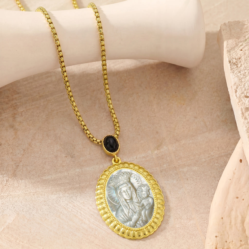 Black Madonna Mother of Pearl Cameo Pendant, 18K Gold Plated Virgin Mary Necklace