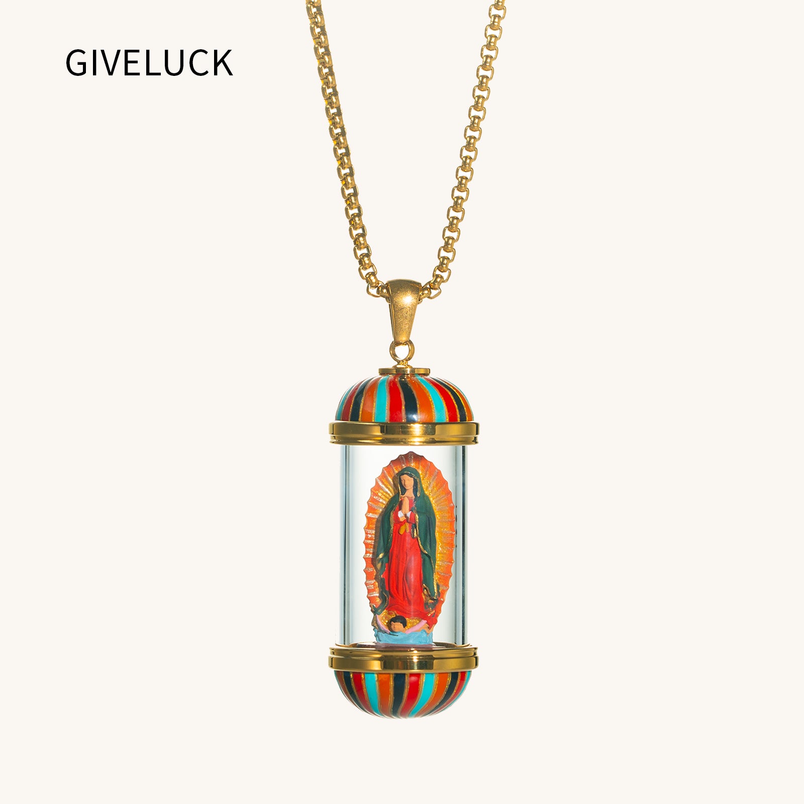 18K Gold Plated Saint Miniature Necklace, The blessed Virgin Mary, Virgin Mary Miraculous Medal, mary magdalene necklace,Shimmering rainbow finish, Hand‑Painted Sacred Art Faith Jewelry for Men and Women